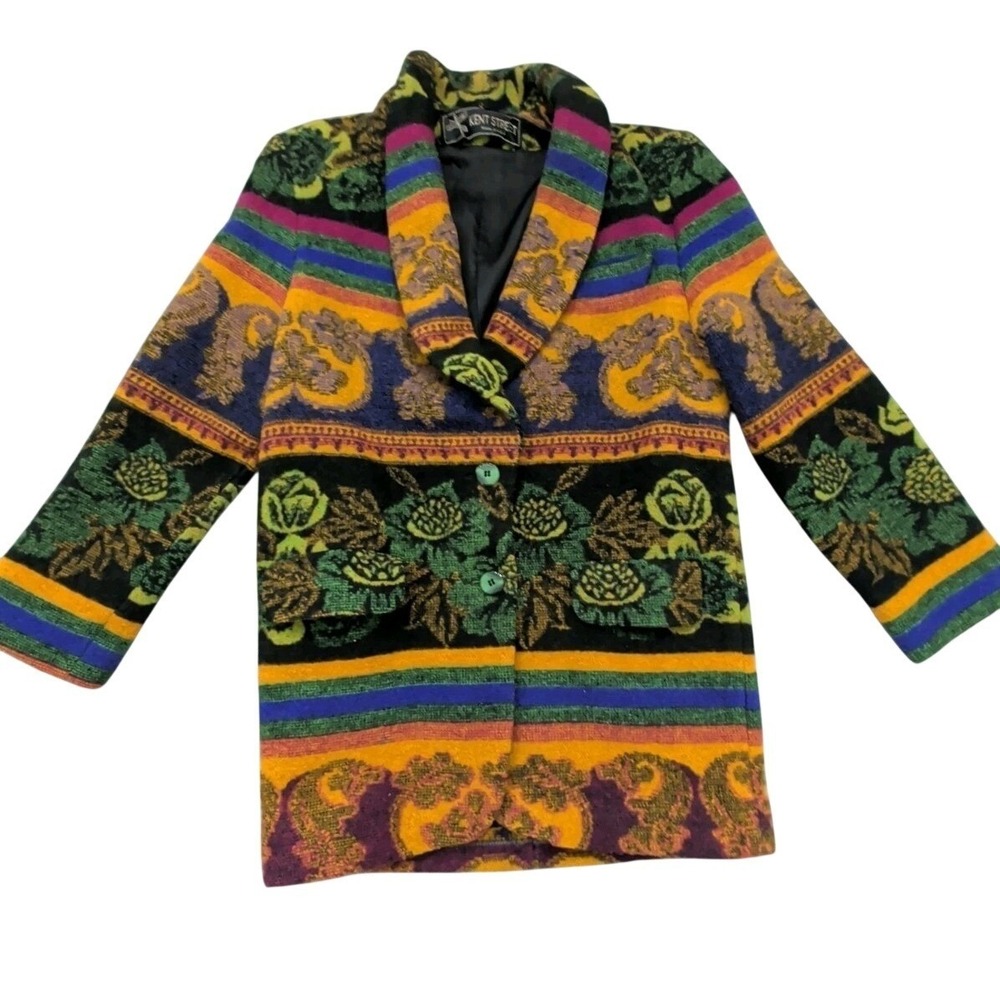 Vintage Kent Street Women Wool Tapestry Jacket Medium Shawl Collar Made in USA
